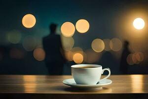 a cup of coffee on a table in front of a blurred background. AI-Generated photo