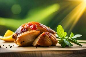 a piece of chicken on a wooden cutting board. AI-Generated photo