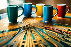 colorful coffee mugs on a table. AI-Generated photo