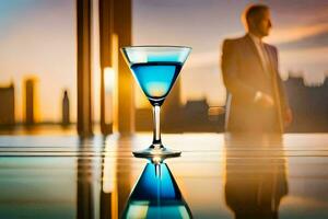 un hombre en un traje es en pie en frente de un vaso de azul líquido. generado por ai foto