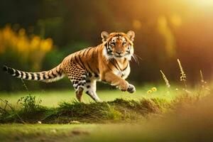 un Tigre corriendo a través de un herboso campo. generado por ai foto