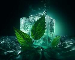 Fresh mint leaves with square shape ice cubes. Creative photography of menthol products. AI Generated photo