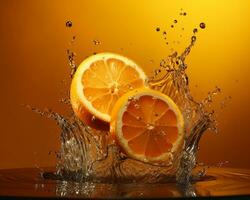 Slices of fresh orange dropped into water and created a beautiful water splash that isolated on dark orange studio background. Product photography. AI Generated photo