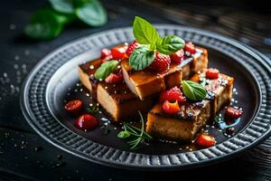 tofu with berries and basil on a black plate. AI-Generated photo