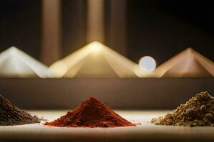 three different types of spices are shown in front of a pyramid. AI-Generated photo