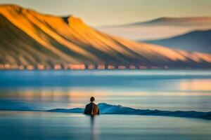 un hombre sentado en el agua a puesta de sol. generado por ai foto