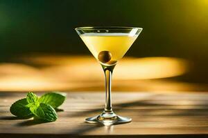 a martini with olive and mint on a wooden table. AI-Generated photo