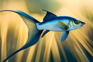 a fish with blue and yellow fins is flying through the air. AI-Generated photo