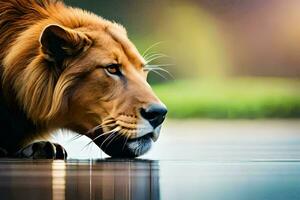 a lion is drinking water from a puddle. AI-Generated photo