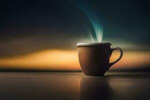 a cup of coffee on a table with a dark background. AI-Generated photo