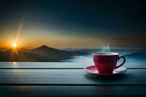 a cup of coffee on a wooden table in front of a beautiful sunrise. AI-Generated photo