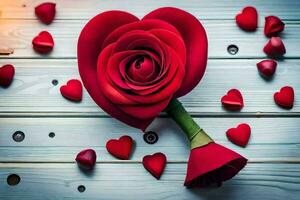 a red rose is surrounded by red hearts on a wooden background. AI-Generated photo