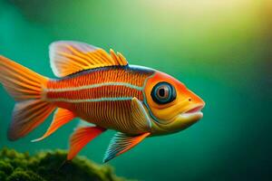 an orange fish with blue eyes is swimming in the water. AI-Generated photo