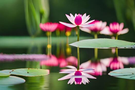 rosado loto flores en el agua con hojas. generado por ai foto
