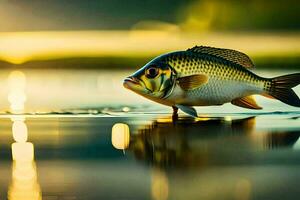 un pescado es en pie en el agua a puesta de sol. generado por ai foto