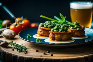 food on a plate with a glass of beer. AI-Generated photo