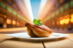 a chicken on a plate with a green leaf. AI-Generated photo