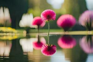 a pink flower is reflected in the water. AI-Generated photo