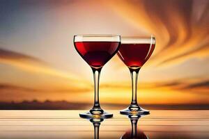 two wine glasses with red wine on a table in front of a sunset. AI-Generated photo