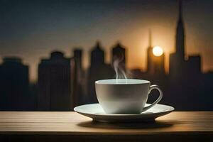 un taza de café en un mesa en frente de un paisaje urbano generado por ai foto