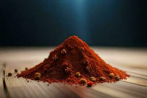 a pile of red chili powder on a wooden table. AI-Generated photo