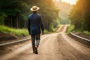 un hombre en un traje y sombrero camina abajo un suciedad la carretera. generado por ai foto