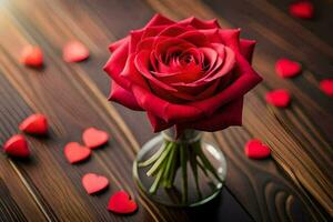 a single red rose in a vase on a wooden table. AI-Generated photo