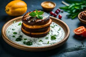grilled eggplant with yogurt sauce on a plate. AI-Generated photo