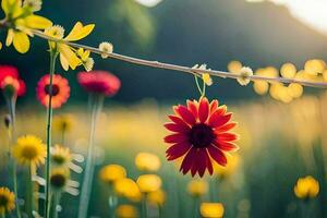 red flower on a wire in a field. AI-Generated photo