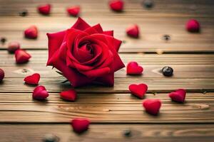 el Rosa es rodeado por rojo corazones en un de madera mesa. generado por ai foto