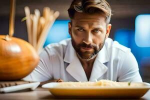 a man with a beard and white shirt sitting at a table with food. AI-Generated photo