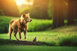 un perro y un pájaro en pie en un herboso campo. generado por ai foto