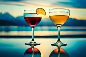 two glasses of wine with a sunset in the background. AI-Generated photo