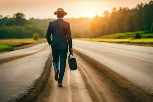 un hombre en un traje y sombrero camina abajo un la carretera con un maleta. generado por ai foto