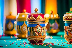 colorful decorative jars on a table with colorful beads. AI-Generated photo