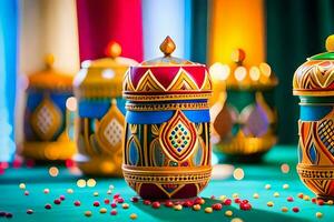 colorful decorative jars on a table with colorful beads. AI-Generated photo