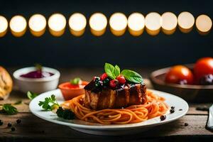 a plate of spaghetti with meat and tomato sauce. AI-Generated photo