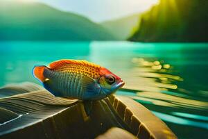 un pescado sentado en un hoja en el agua. generado por ai foto