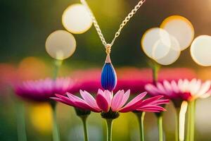 un collar con un azul flor en él. generado por ai foto