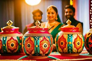 a couple is standing in front of colorful pots. AI-Generated photo