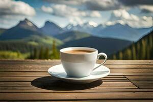 a cup of coffee on a wooden table in the mountains. AI-Generated photo