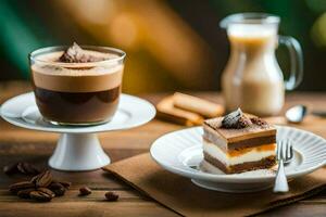 a coffee drink and a dessert on a wooden table. AI-Generated photo