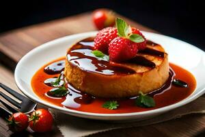 a plate of flan with strawberries and sauce. AI-Generated photo