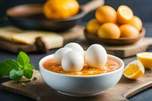 eggs in a bowl with lemon and cheese. AI-Generated photo