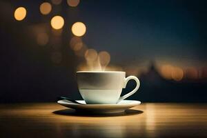 a cup of coffee on a table with a blurred background. AI-Generated photo