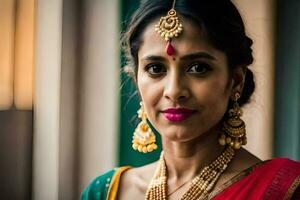 a woman wearing a traditional sari and jewelry. AI-Generated photo