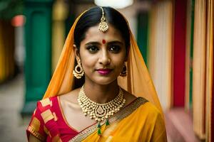 a beautiful indian woman wearing a sari and jewelry. AI-Generated photo