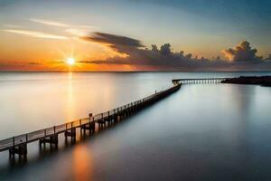 a long exposure photograph of a pier in the ocean. AI-Generated photo