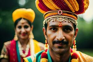 un hombre y mujer en tradicional indio atuendo. generado por ai foto