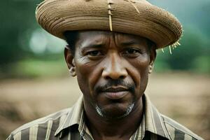 un hombre vistiendo un Paja sombrero en un campo. generado por ai foto